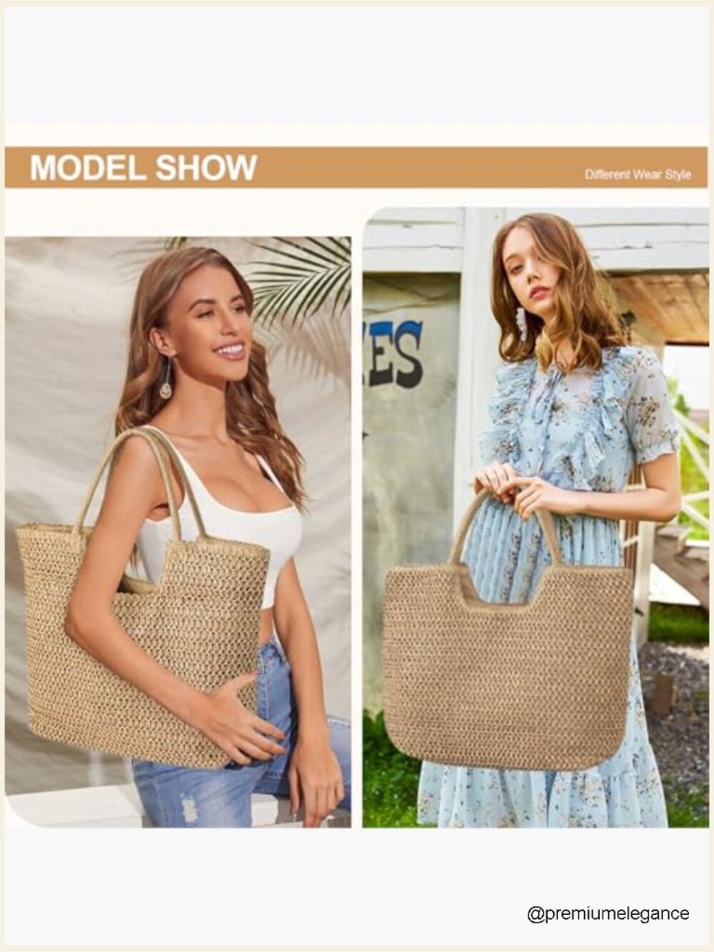 Large Straw Tote Bag with Zipper - Woven Beach Shoulder Handbag for Travel - Picture 2 of 7